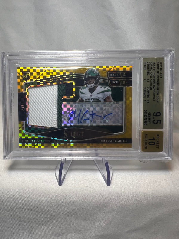 2022 Panini Select Signatures Michael Carter Gold Prizm Rookie Patch Auto /10 BGS 9.5