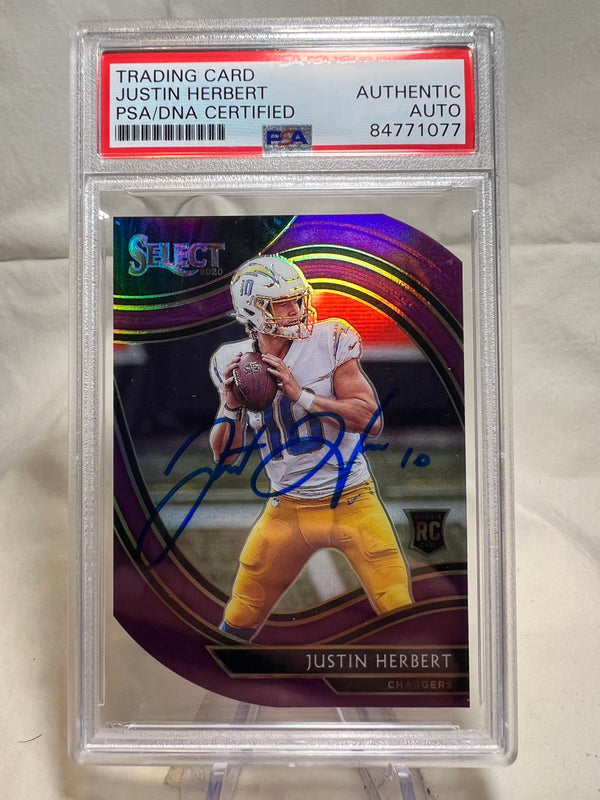 2020 Panini Select Justin Herbert Die Cut Purple Prizm On Card Auto Rookie Card PSA Authentic Auto