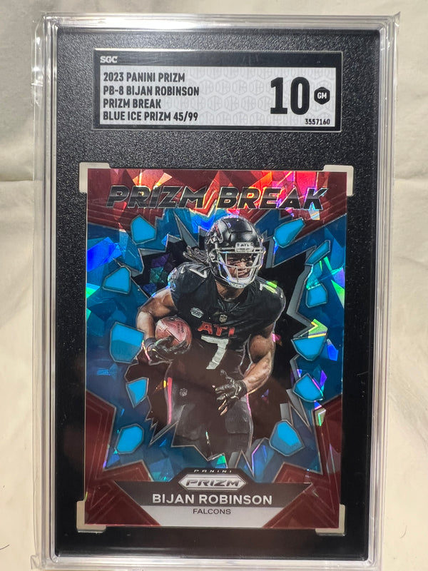 2023 Panini Prizm Bijan Robinson Prizm Break Blue Ice Prizm Break Rookie Card /99 SGC 10.