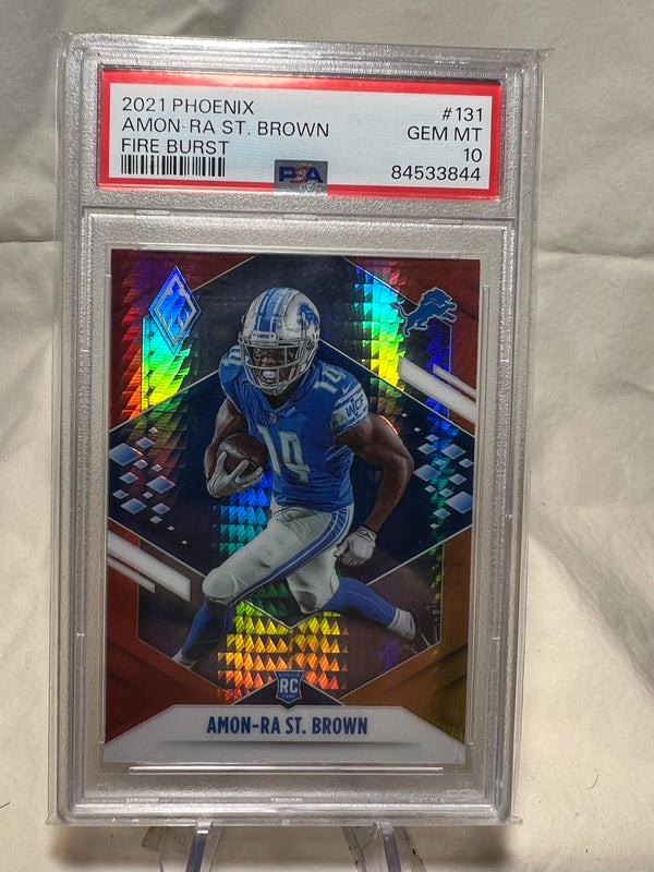 2021 Panini Phoenix Amon Ra St Brown Fir Burst Rookie Card PSA 10.