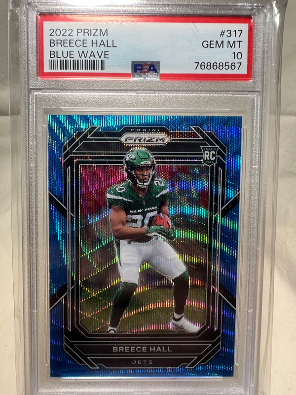 2022 Panini Prizm Breece Hall Blue Wave Rookie Card /199 PSA 10