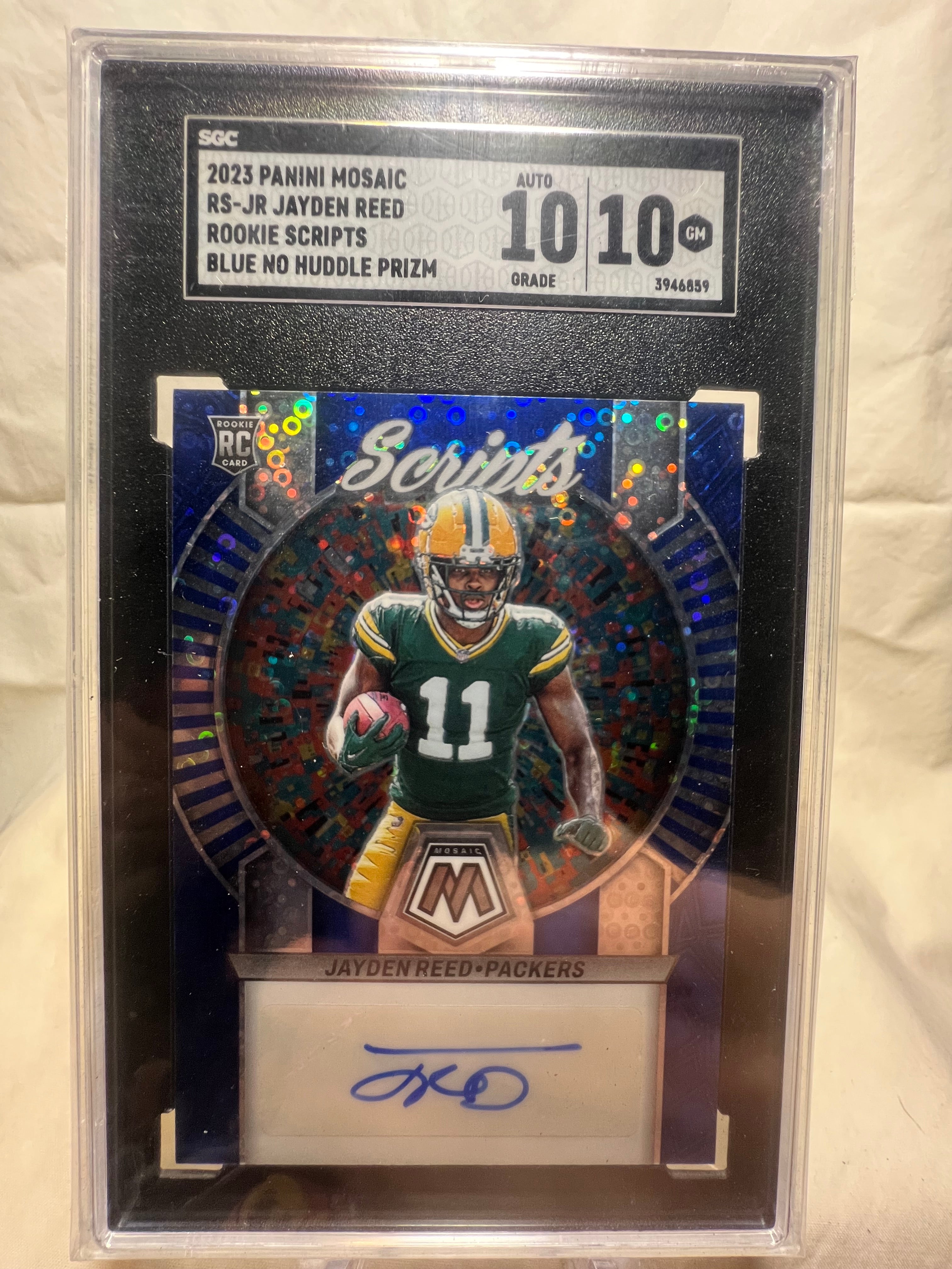 2023 Panini Mosaic Jayden Reed No Huddle Blue Rookie Auto SGC 10  Packers