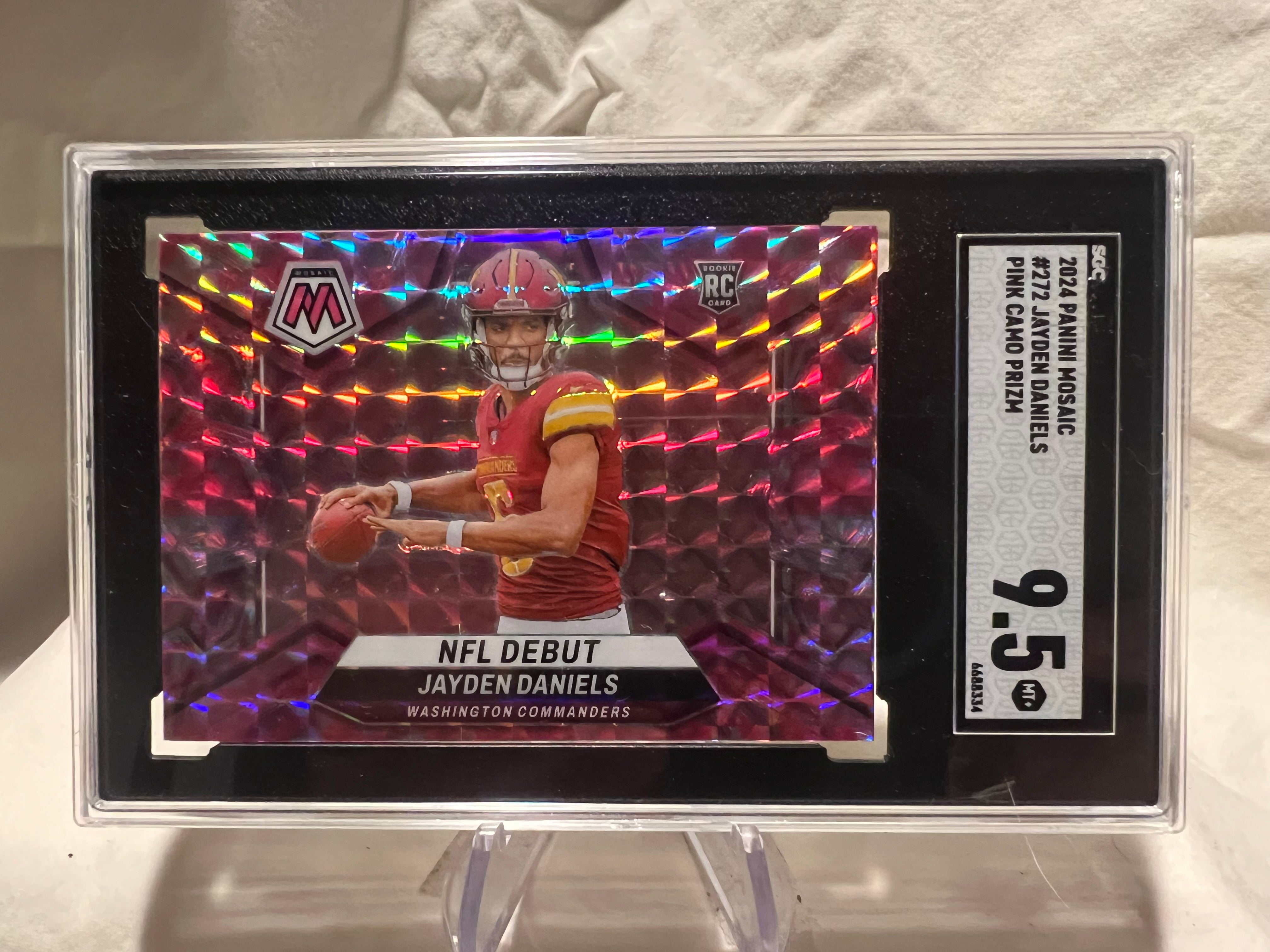 2024 Panini Mosaic Jayden Daniels Nfl Debut Pink Camo Mosaic Rookie Card SGC 9.5.