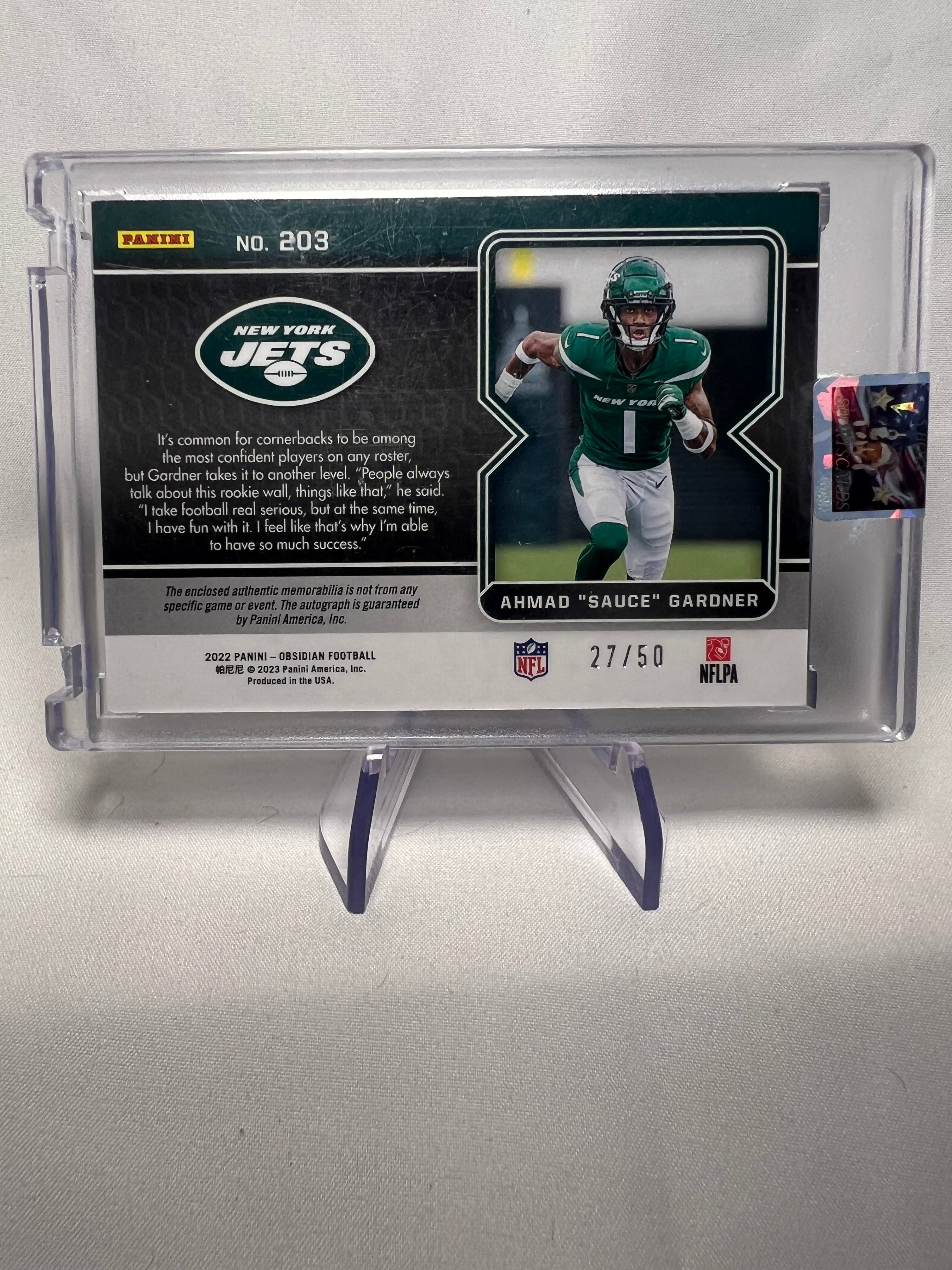 2022 Panini Obsidian Ahmad "Sauce" Gardner Green Rookie Patch Auto /50