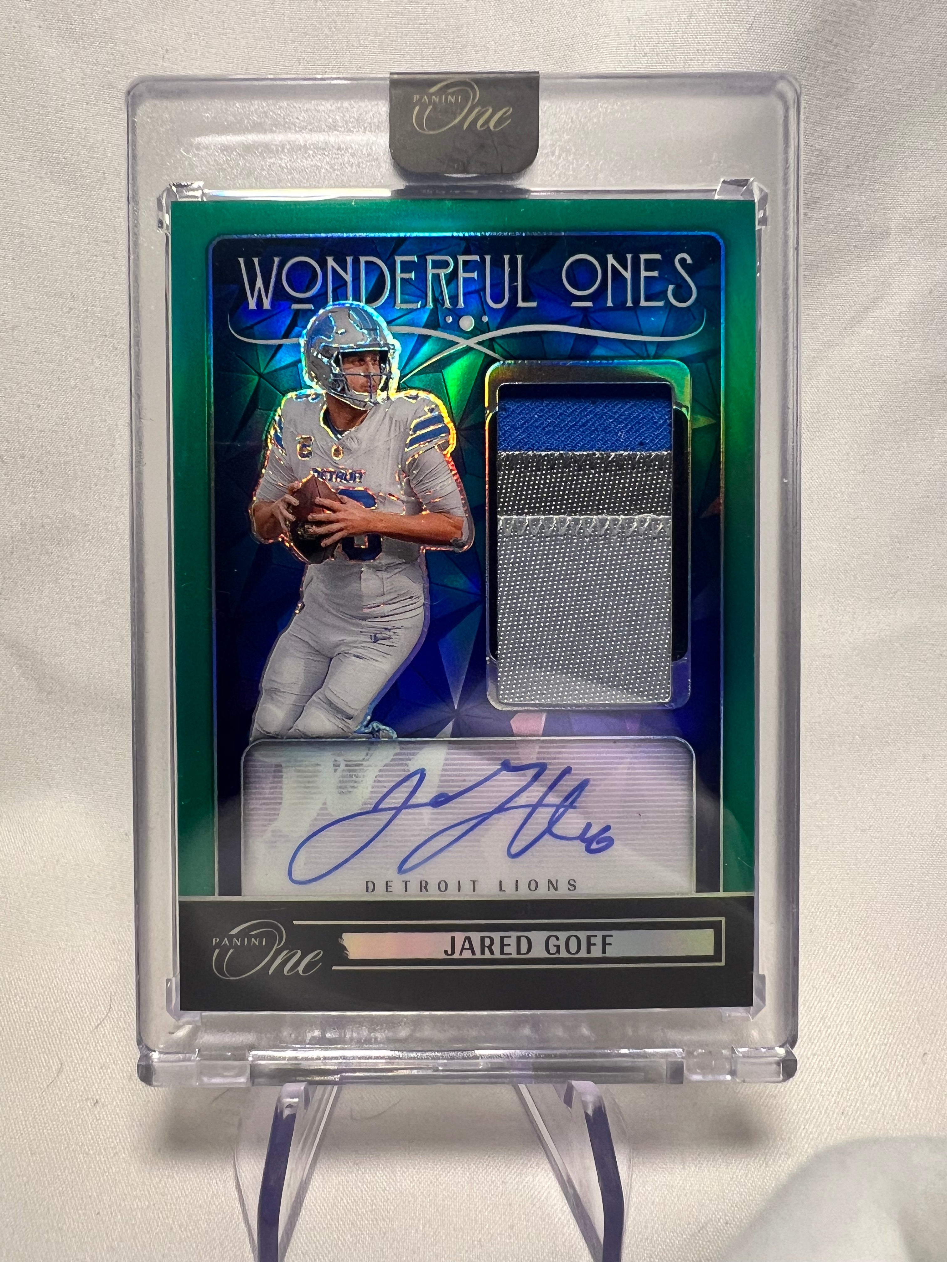 2024 Panini One Jared Goff Wonderful Ones Tri-Color Patch Autograph Green /40