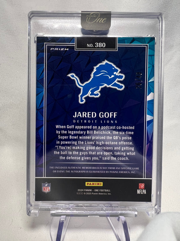 2024 Panini One Jared Goff Wonderful Ones Tri-Color Patch Autograph Green /40
